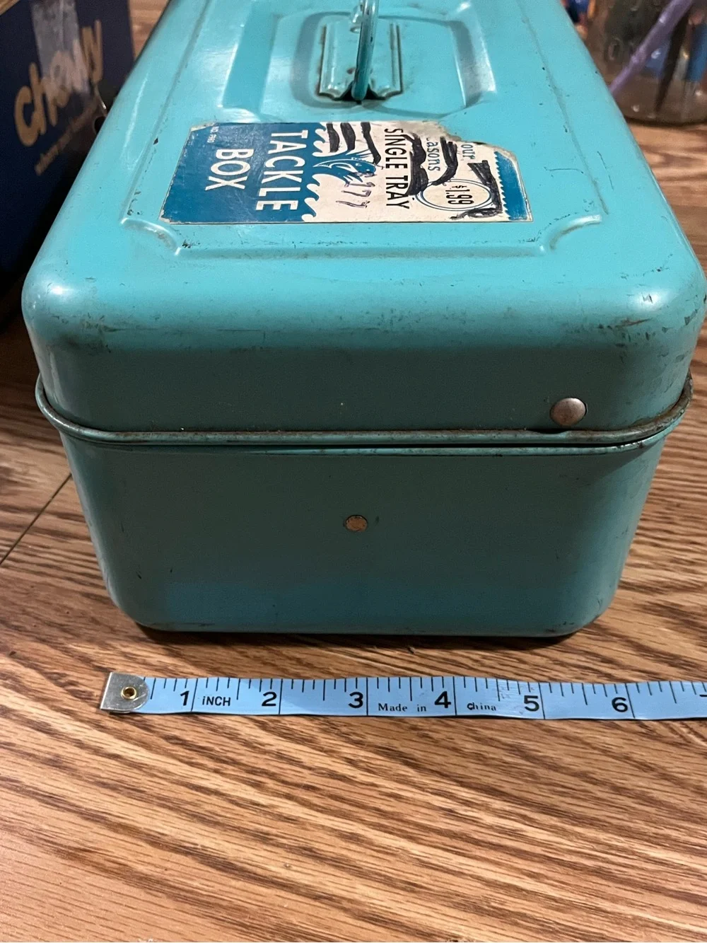 Vintage Teal Blue Metal Storage tackle box with divider Tray